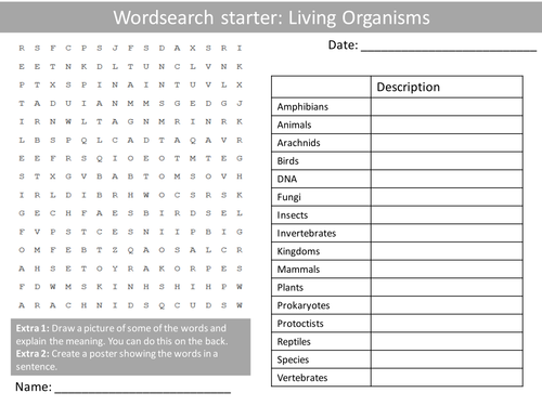 Science Biology Living Organisms Wordsearch Crossword Anagrams Keyword Starters Homework or Cover