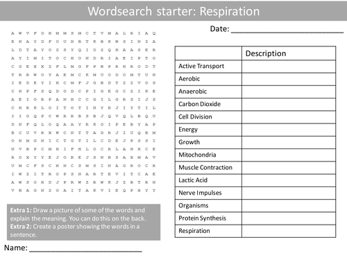 Science Biology Respiration Wordsearch Crossword Anagrams Keyword Starters Homework or Cover Lesson