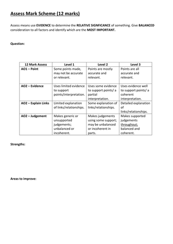 Assess Generic Mark Scheme for Edexcel A Level Geography (2016)