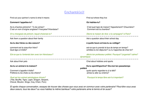 Enchanté. Differentiated speaking lesson to encourage peer to peer conversations and interactions