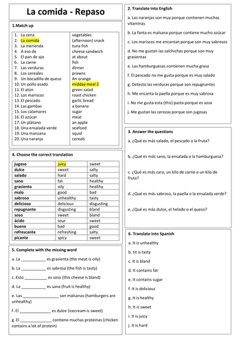 ks3 spanish pool of resources eight on food meals