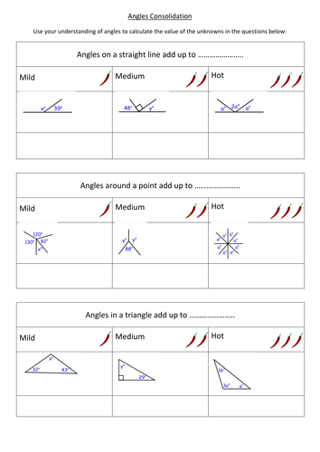 Angles Consolidation / Revision Differentiated Worksheet + Answers