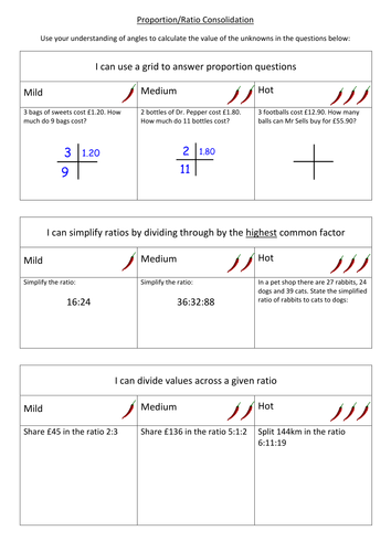 Simple Ratio Consolidation / Revision Differentiated Worksheet with Answers