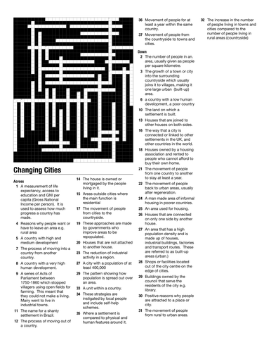 EDEXCEL A, Changing Cities whole topic crossword