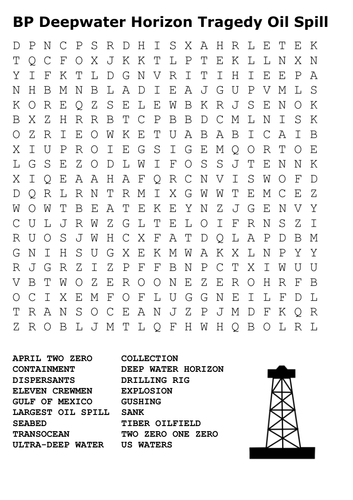 BP Deepwater Horizon Tragedy Oil Spill Word Search