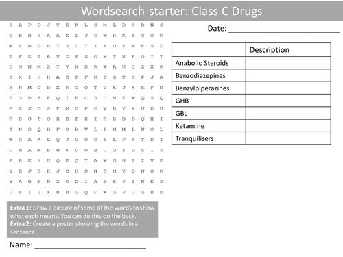 PSHE Class C Drugs Wordsearch Crossword Anagrams Keyword Starters Homework or Cover Lesson