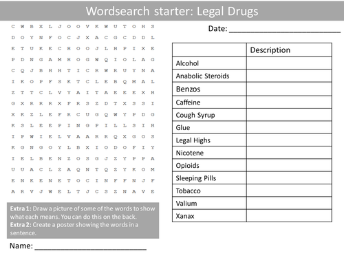 PSHE Legal Drugs Wordsearch Crossword Anagrams Keyword Starters Homework or Cover Lesson