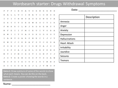PSHE Drugs Withdrawal Symptoms Wordsearch Crossword Anagrams Keyword Starters Homework Cover Lesson