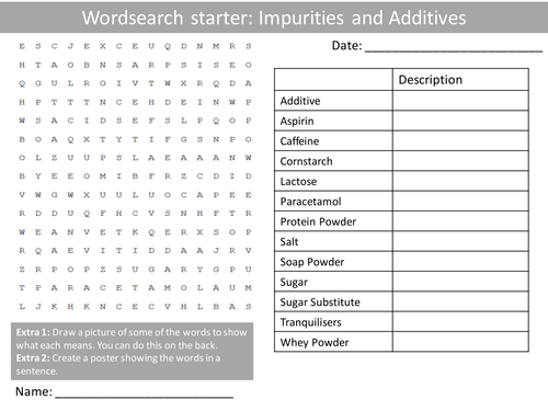 PSHE Drugs Impurities & Additives Wordsearch Crossword Anagrams Keyword Starters Homework Cover