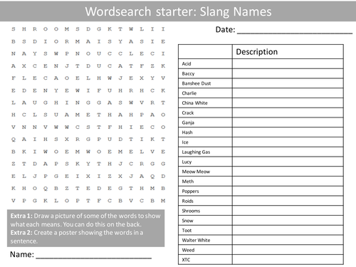 PSHE Drugs Slang Names Wordsearch Crossword Anagrams Keyword Starters Homework or Cover Lesson