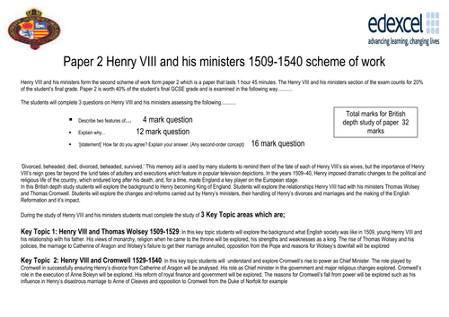 Edexcel History Henry VIII and his ministers complete lesson by lesson scheme of work