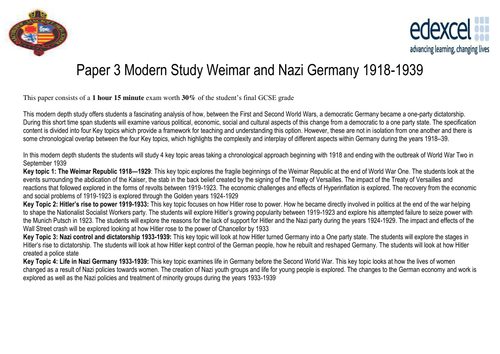 Edexcel Weimar and Nazi Germany 1918-1939 complete lesson by lesson scheme of work