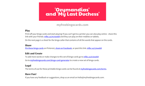 Comparing Ozymandias and My Last Duchess Bingo