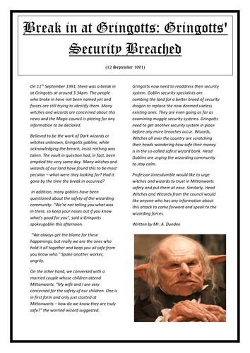 Model Example Text Of A Newspaper Article Year 5 Harry Potter Theme Teaching Resources