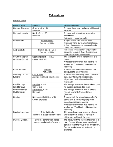 Calculations list