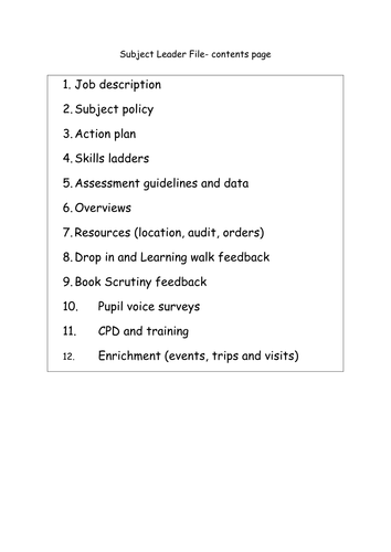 Subject leader contents page for file