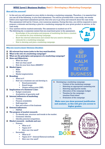 BTEC L3 Business Studies: Unit 2 - Developing a Marketing Campaign Revision Checklist