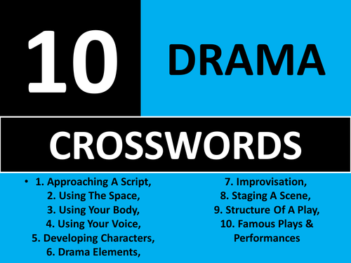 10 Crosswords Drama GCSE or KS3 Keyword Starters Crossword Homework or Cover Lesson