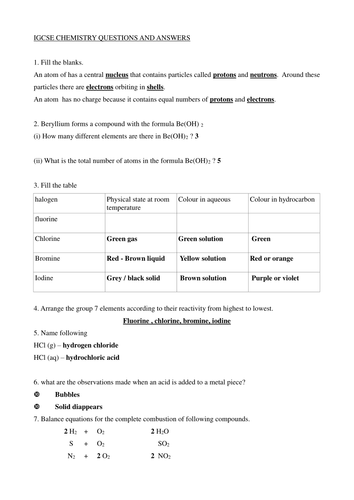 IGCSE Chemistry - 150 questions and  answers (15 double sided)