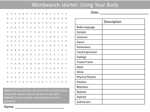 Drama Using Your Body Wordsearch Crossword Anagrams Keyword Starters Homework Cove