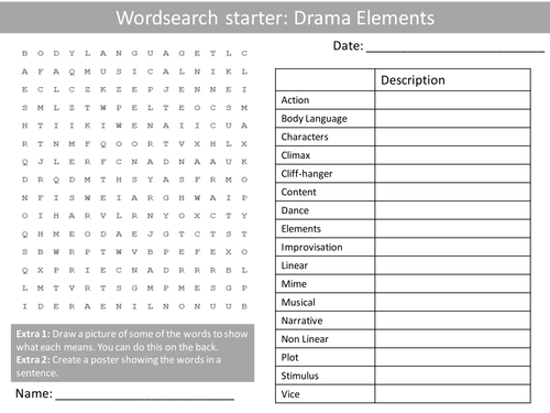 Drama Dramatic Elements Wordsearch Crossword Anagrams Keyword Starters Homework Cover Plenary