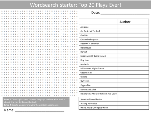 Drama Top 20 World Plays Wordsearch Crossword Anagrams Keyword Starters Homework Cover Plenary