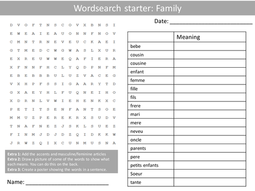 French My Family Wordsearch Crossword Anagrams Keyword Starters Homework Cover Plenary