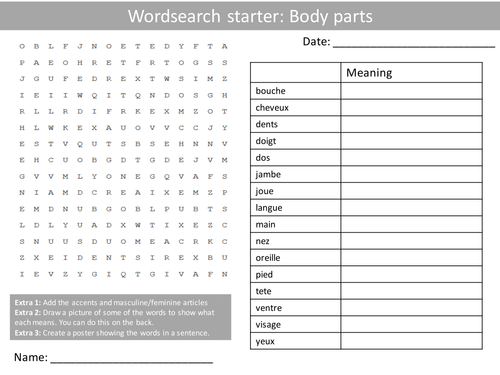 French Body Parts Wordsearch Crossword Anagrams Keyword Starters Homework Cover Plenary