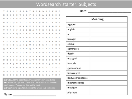 French School Subjects Wordsearch Crossword Anagrams Keyword Starters Homework Cover Plenary