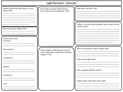 ks3 light revision sheets for activate science by marcmarshall