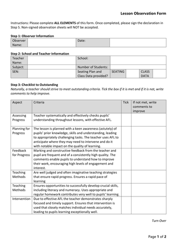 Simple Lesson Observation Sheet | Teaching Resources