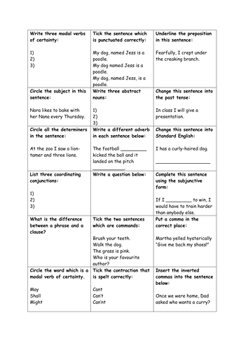 Year 6 SATS revision grid for GPS test