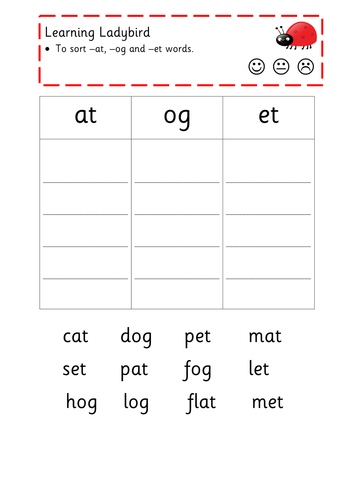 Sort CVC words that end in -at, -og and -et