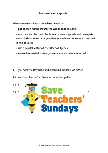 Punctuating Direct Speech Lesson Plan and Worksheet (Fairy Tale Lines)