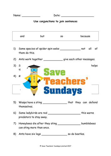 Conjunctions Worksheets (2 levels of difficulty and extension)