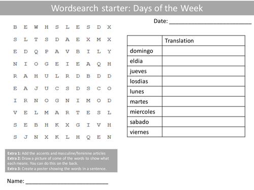 Spanish Days of the Week Word Search Puzzle Anagrams Keyword Starters Assignment Cover General Teaching Resources