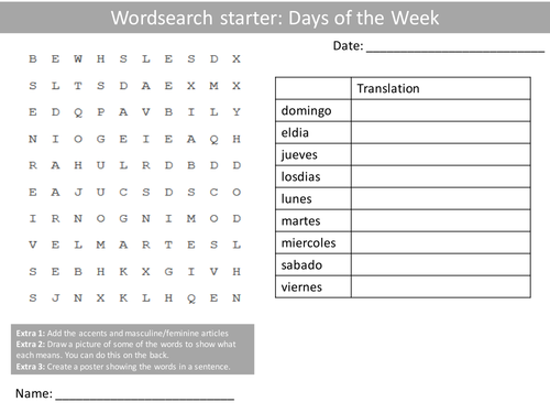 Spanish Days of the Week Wordsearch Crossword Anagrams Keyword Starters Homework Cover Plenary