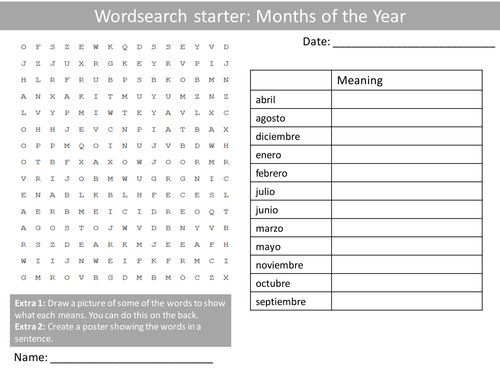 Spanish Months of the Year Wordsearch Crossword Anagrams Keyword Starters Homework Cover Plenary