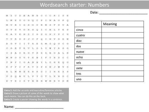 Spanish Numbers Wordsearch Crossword Anagrams Keyword Starters Homework Cover Plenary
