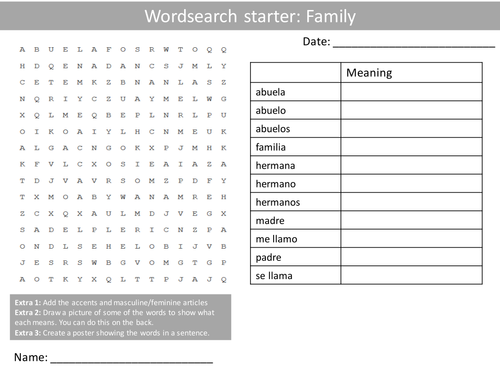 Spanish My Family Wordsearch Crossword Anagrams Keyword Starters Homework Cover Plenary