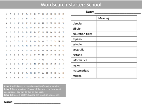 Spanish School Subjects Wordsearch Crossword Anagrams Keyword Starters Homework Cover Plenary