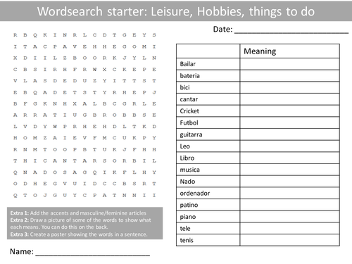 Spanish Freetime Hobbies Wordsearch Crossword Anagrams Keyword Starters Homework Cover Plenary