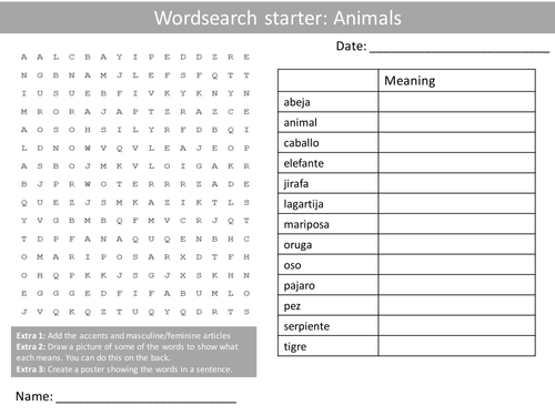 Spanish Animals and Pets Wordsearch Crossword Anagrams Keyword Starters Homework Cover Plenary