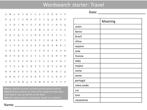 Spanish Travel & Countries Wordsearch Crossword Anagrams Keyword Starters Homework Cover Plenary
