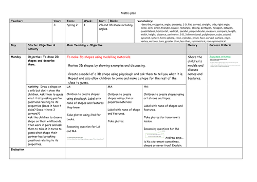 Lancashire Maths planning for Year 3 Spring 2 Shape and Angles