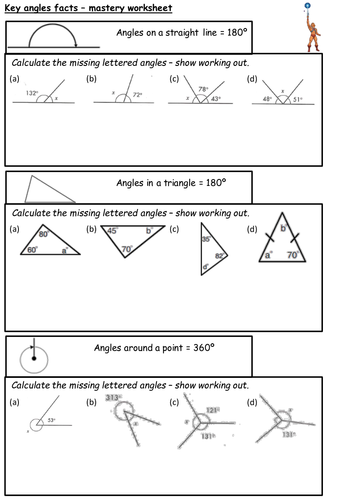Basic Angles Facts  - straight line, angles in triangle, around a point, vertically opposite,
