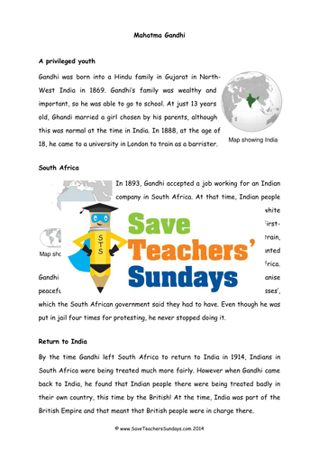 Gandhi biography Comprehension / Guided reading (4 levels of difficulty)