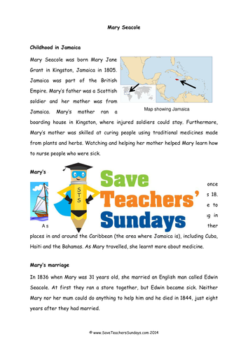 Mary Seacole Biography Comprehension / Guided reading (4 levels of difficulty)