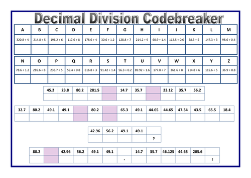 Decimal Division Codebreaker Sheet