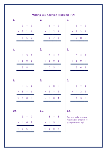 Missing box column addition problems - Year 3 /4 L KS2 Differentiated Maths